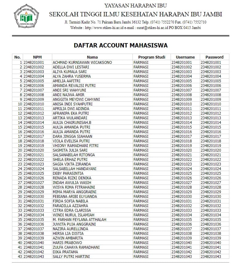 Akun Portal Mahasiswa Angk 2023 - Farmasi
